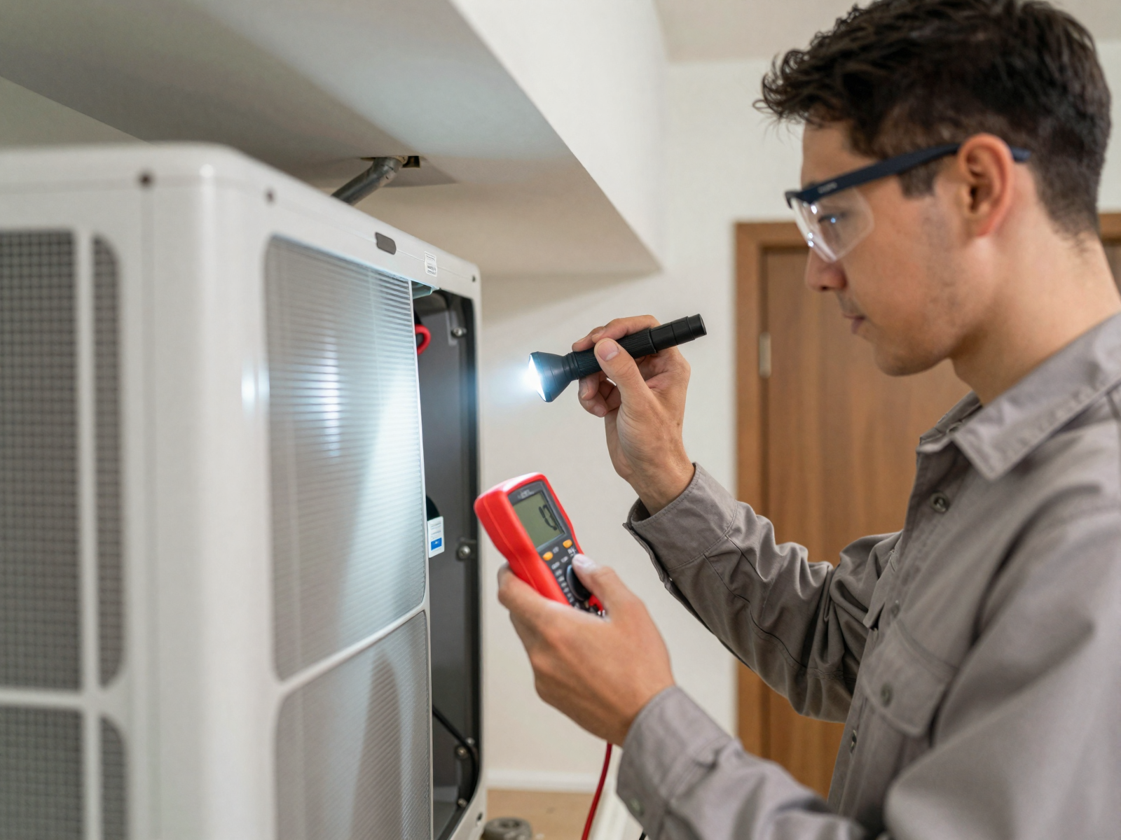 HVAC technician inspecting air handler